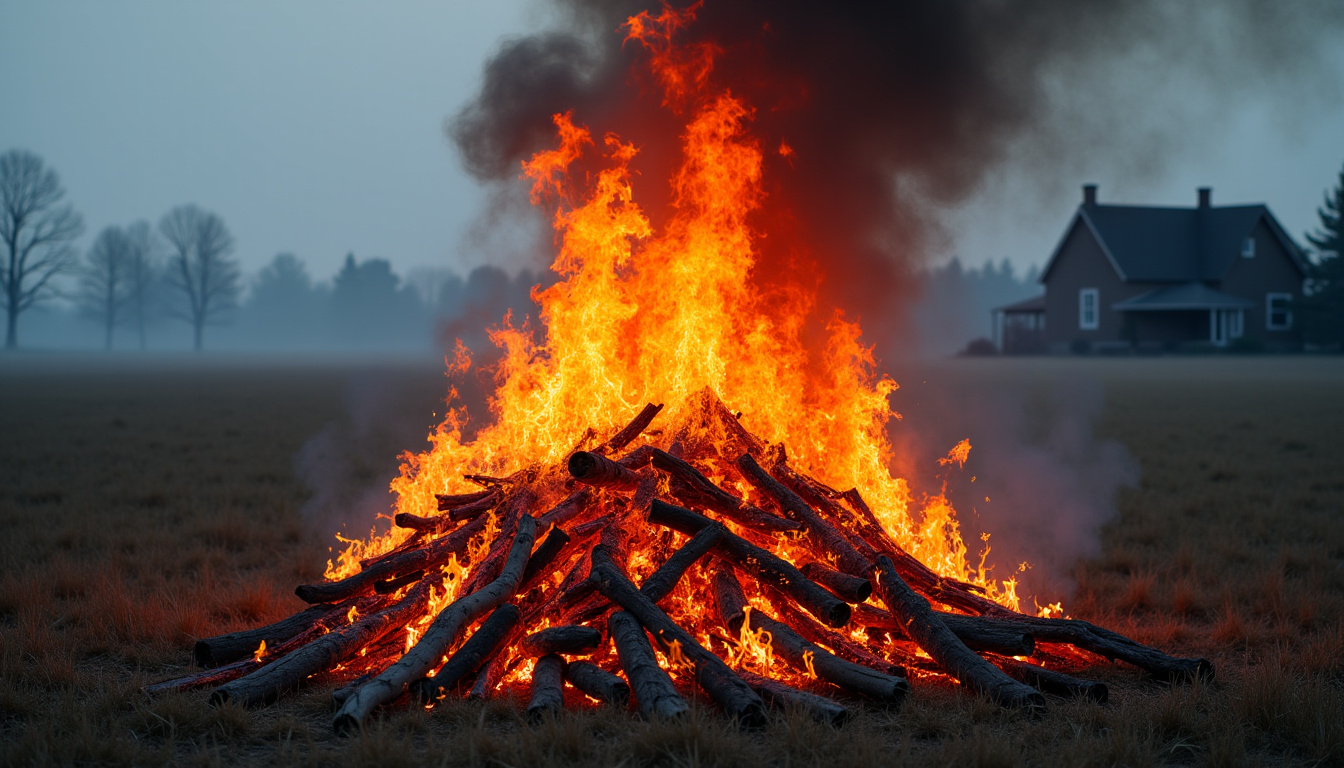 Bûches de bois de chauffage infestées de mérule en train d’être éliminées dans un feu extérieur, loin de la maison, avec des flammes intenses et une fumée dense
