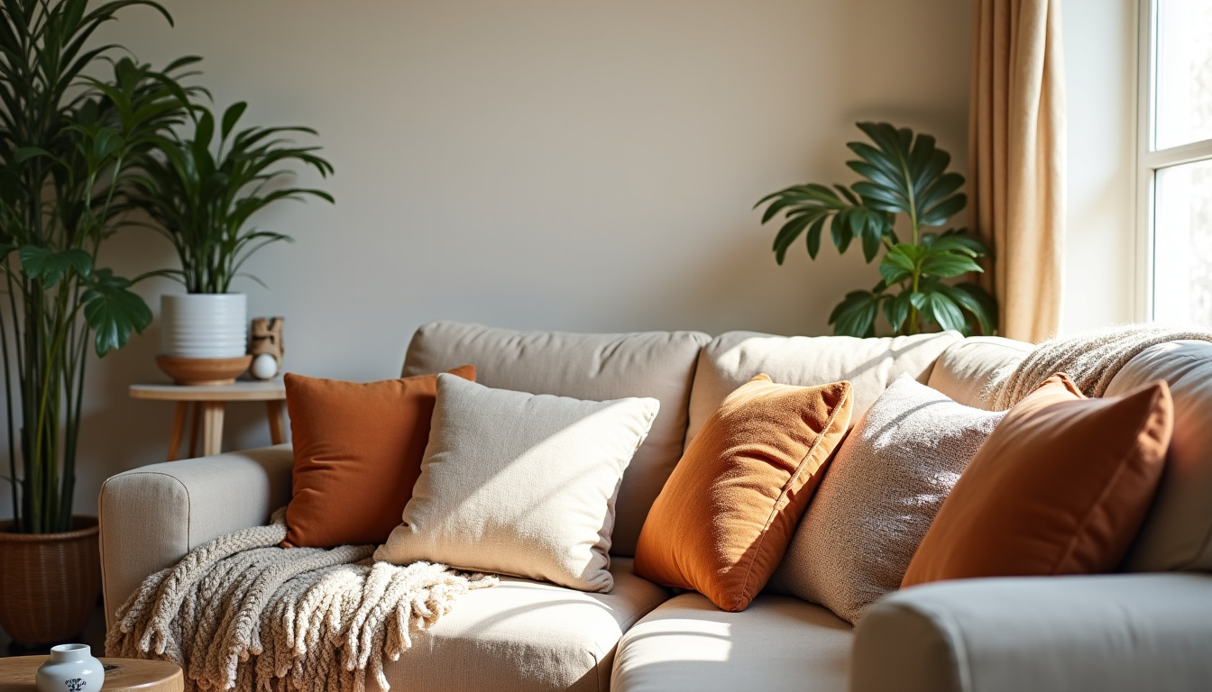 Détail d’un coin salon avec tapis en laine tissée, plusieurs coussins en différentes textures (velours, lin, patchwork) et une plante en pot sur une étagère murale en bois clair