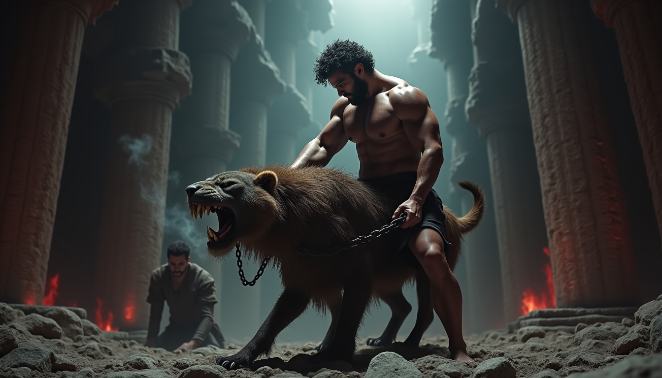 Héraclès maîtrisant Cerbère, le chien à trois têtes des Enfers, devant un Eurysthée terrifié