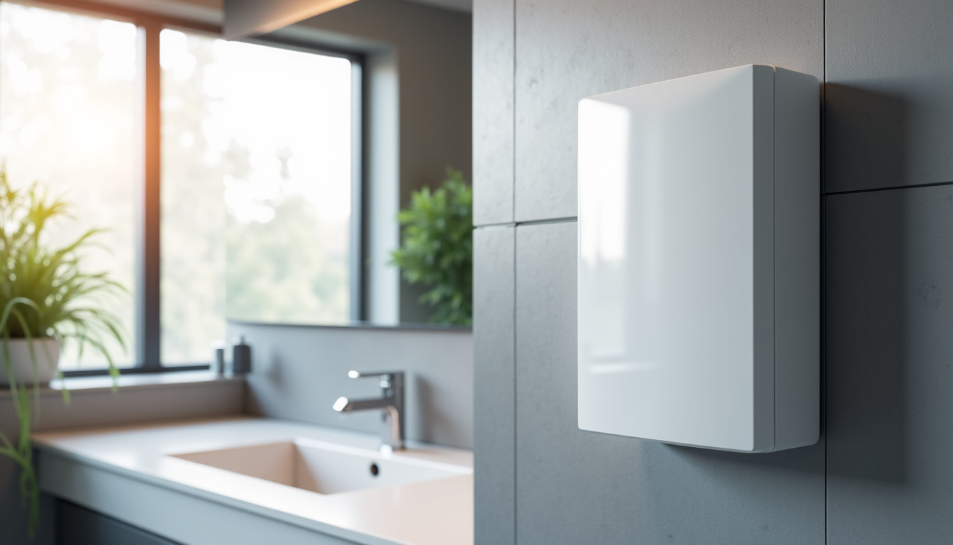 Radiateur soufflant mural blanc installé dans une salle de bain moderne carrelée