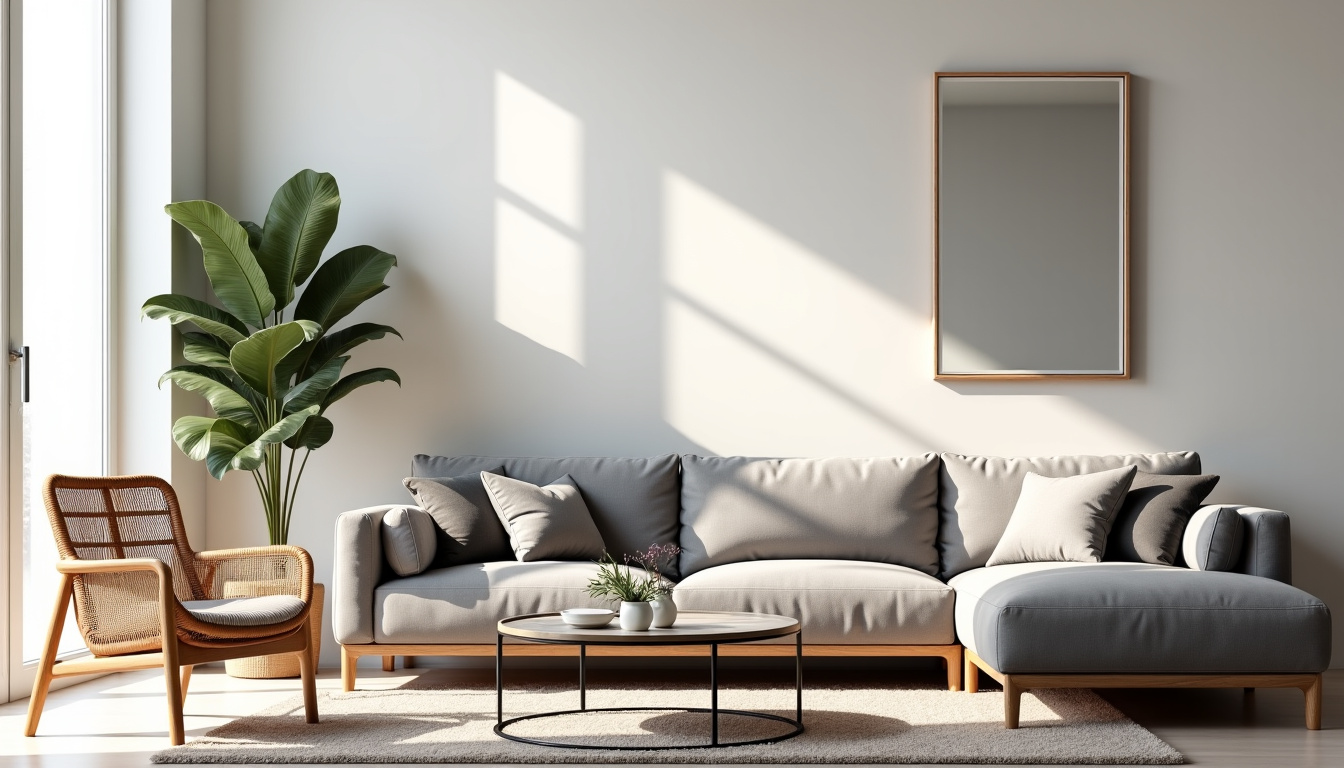 Salon avec canapé gris en L, fauteuil en rotin, table basse en verre et miroir mural à droite, créant un équilibre visuel harmonieux