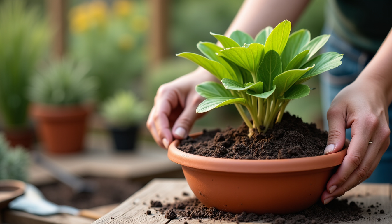 Agapanthe en cours de plantation dans un contenant avec terreau et gravier