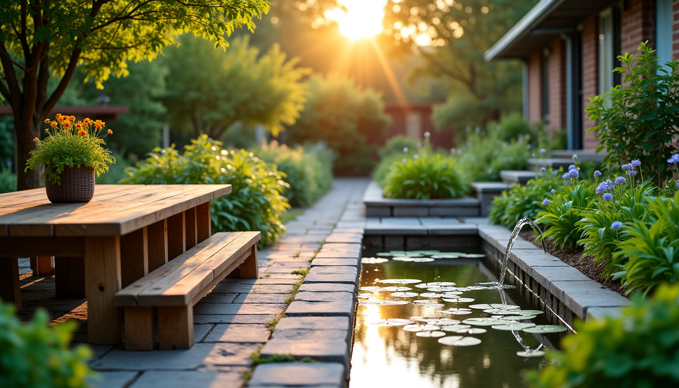 Aménagement complet d’un jardin avec mobilier, bac de plantation, éclairage solaire et bassin