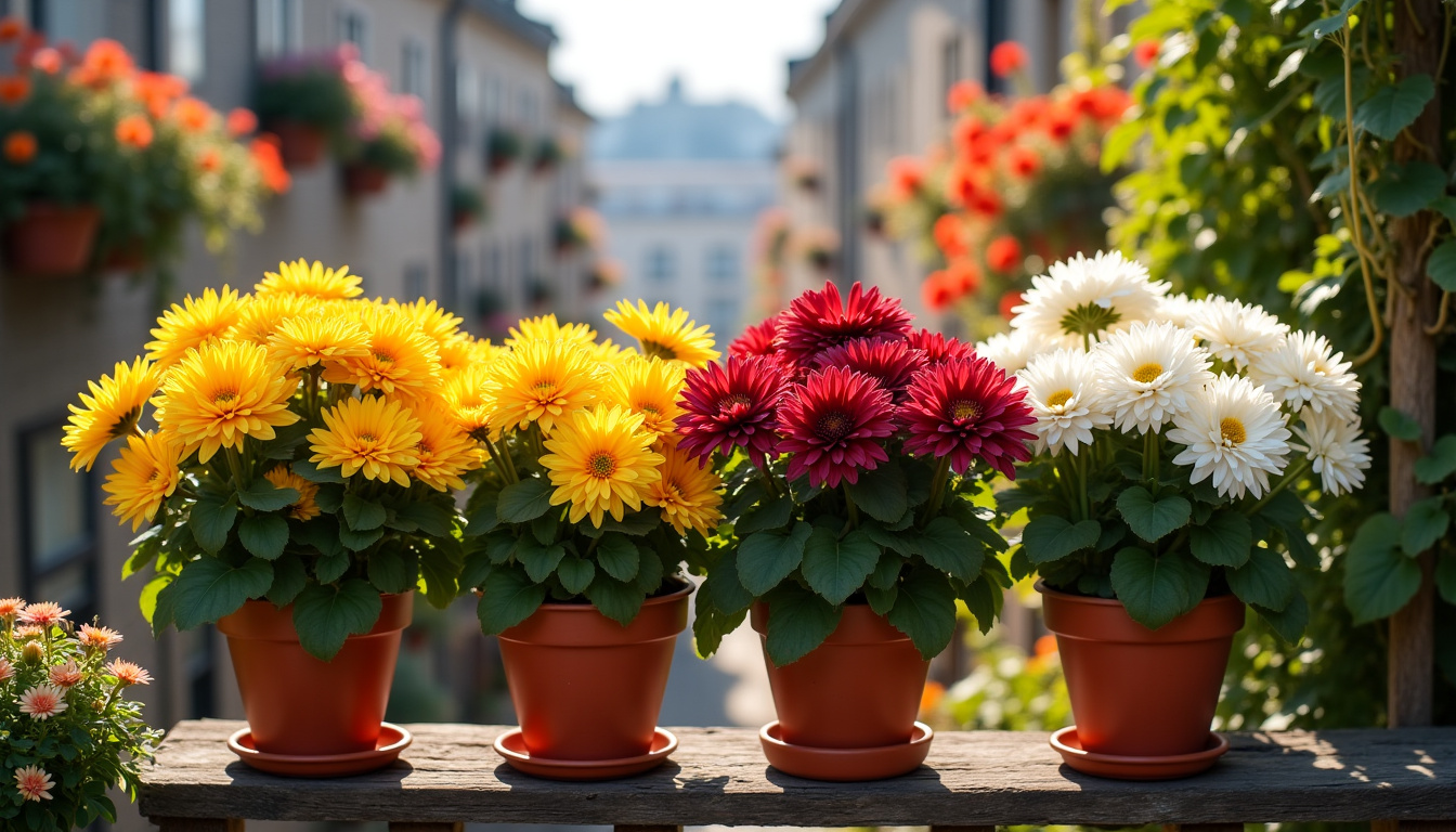 Chrysanthèmes en pot disposés sur un balcon fleuri