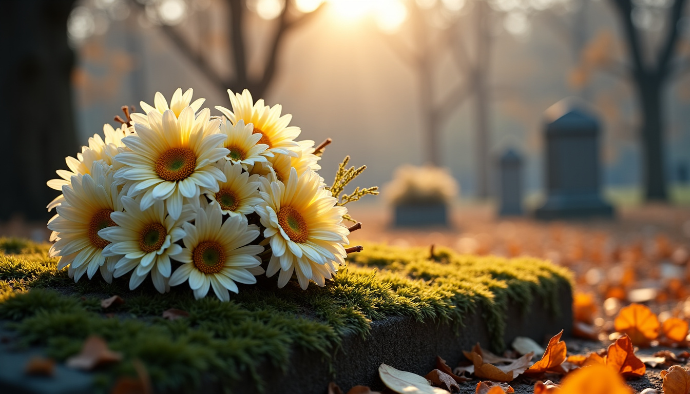 Chrysanthèmes posés sur une tombe lors de la Toussaint