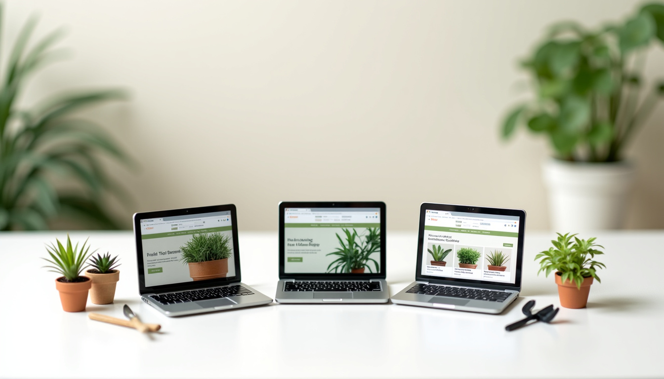 Comparaison visuelle entre différentes jardinerie en ligne, interface web et produits proposés