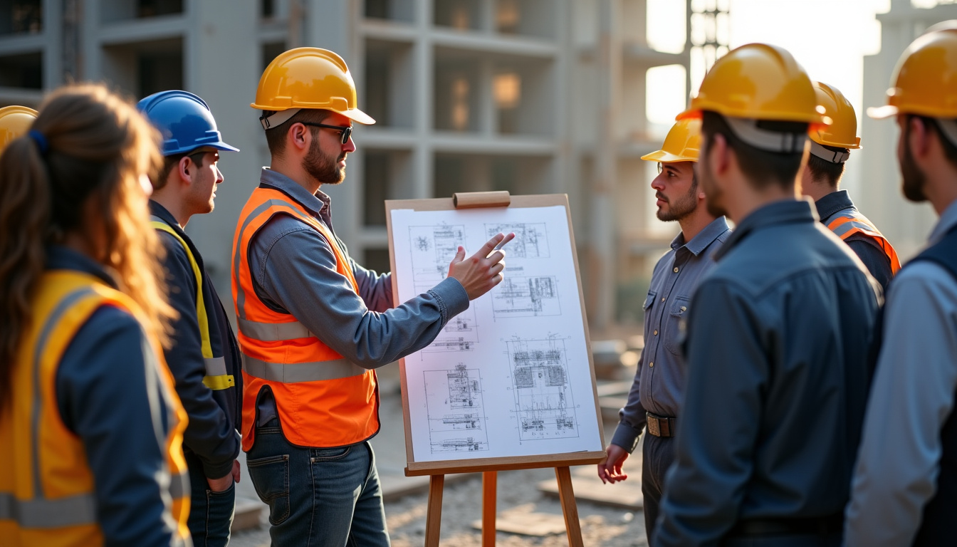 Conducteur de travaux animant une réunion de chantier avec plusieurs collaborateurs autour d