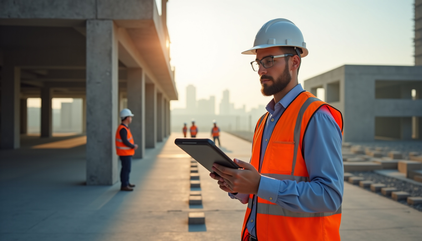 Conducteur de travaux utilisant une tablette pour planifier les étapes d
