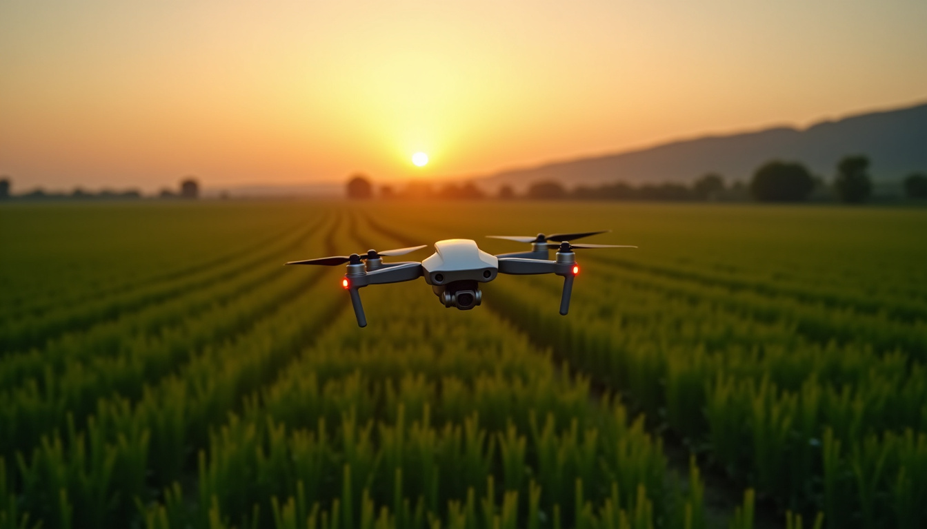 Drone équipé d’une caméra infrarouge en vol au-dessus d’un champ pour surveiller la santé des cultures