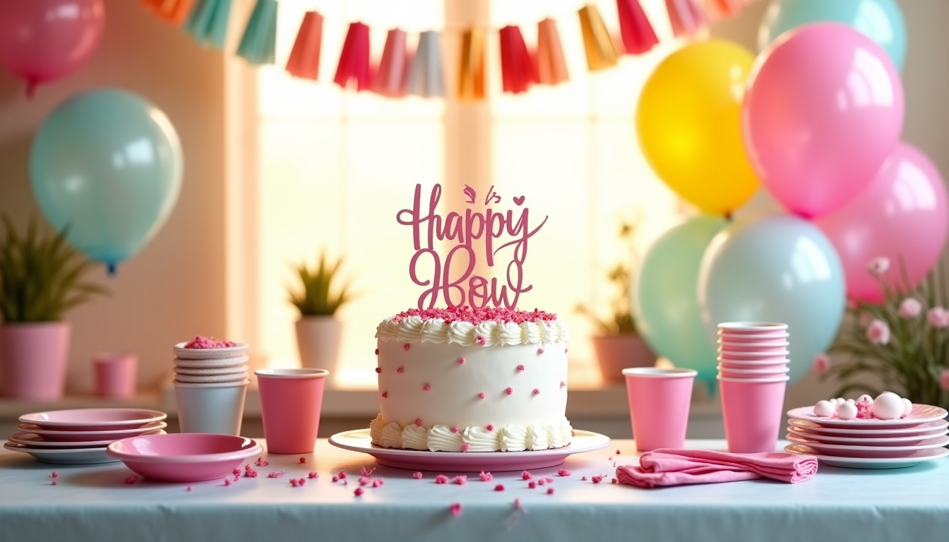 Éléments décoratifs pour anniversaire: ballons, guirlandes, cake topper, vaisselle coordonnée