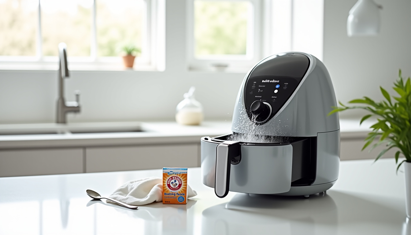 Étapes de nettoyage d’un ninja air fryer: retrait du panier, lavage à l’eau, séchage, désodorisation au bicarbonate de soude