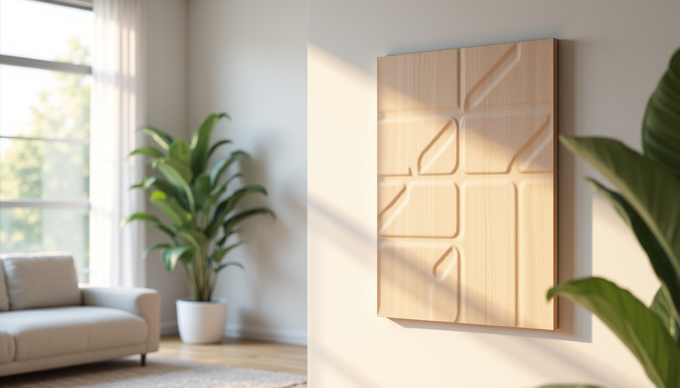 Exemples de panneaux décoratifs pour murs intérieurs avec des finitions modernes: motifs géométriques, bois clair, couleurs neutres et effets 3D