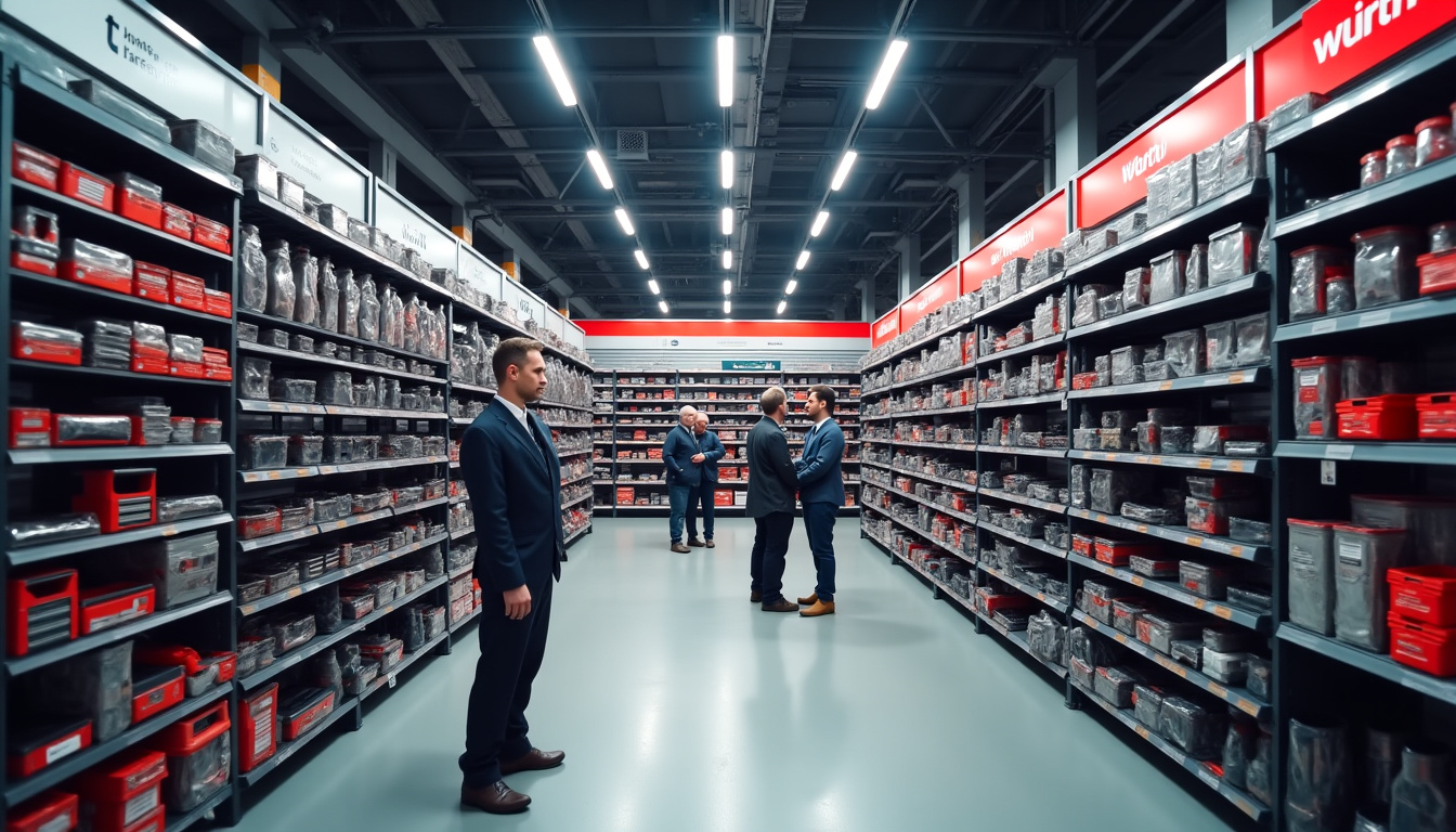 Intérieur d’un magasin Würth avec rayonnages bien organisés et client en train de choisir des produits