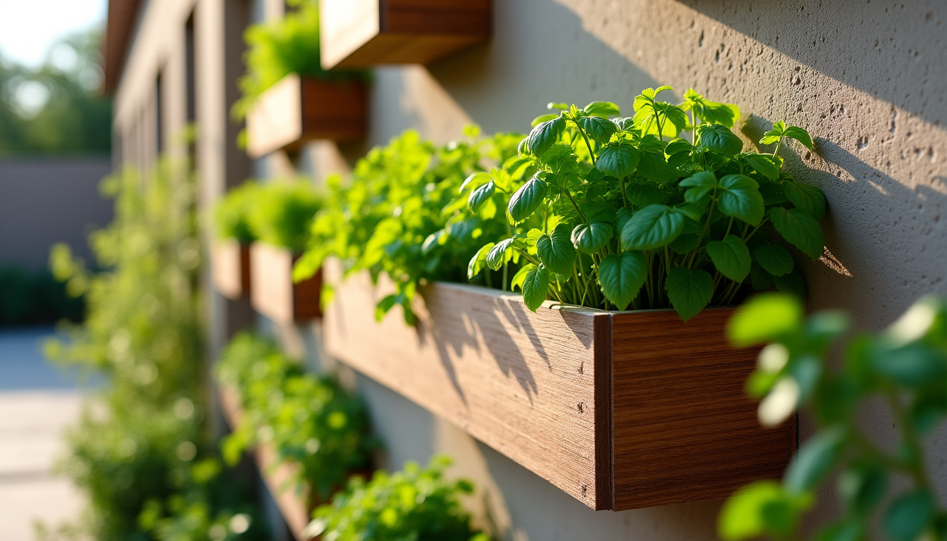Jardinière verticale installée sur un mur extérieur avec des herbes aromatiques et des salades