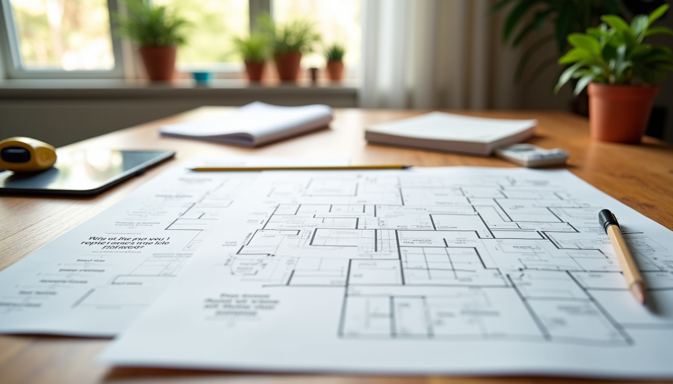 Plan de travail avec des plans de maison et des devis de rénovation en cours d