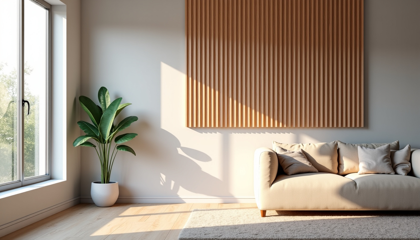 Pose de panneaux en tasseaux de bois dans un salon lumineux