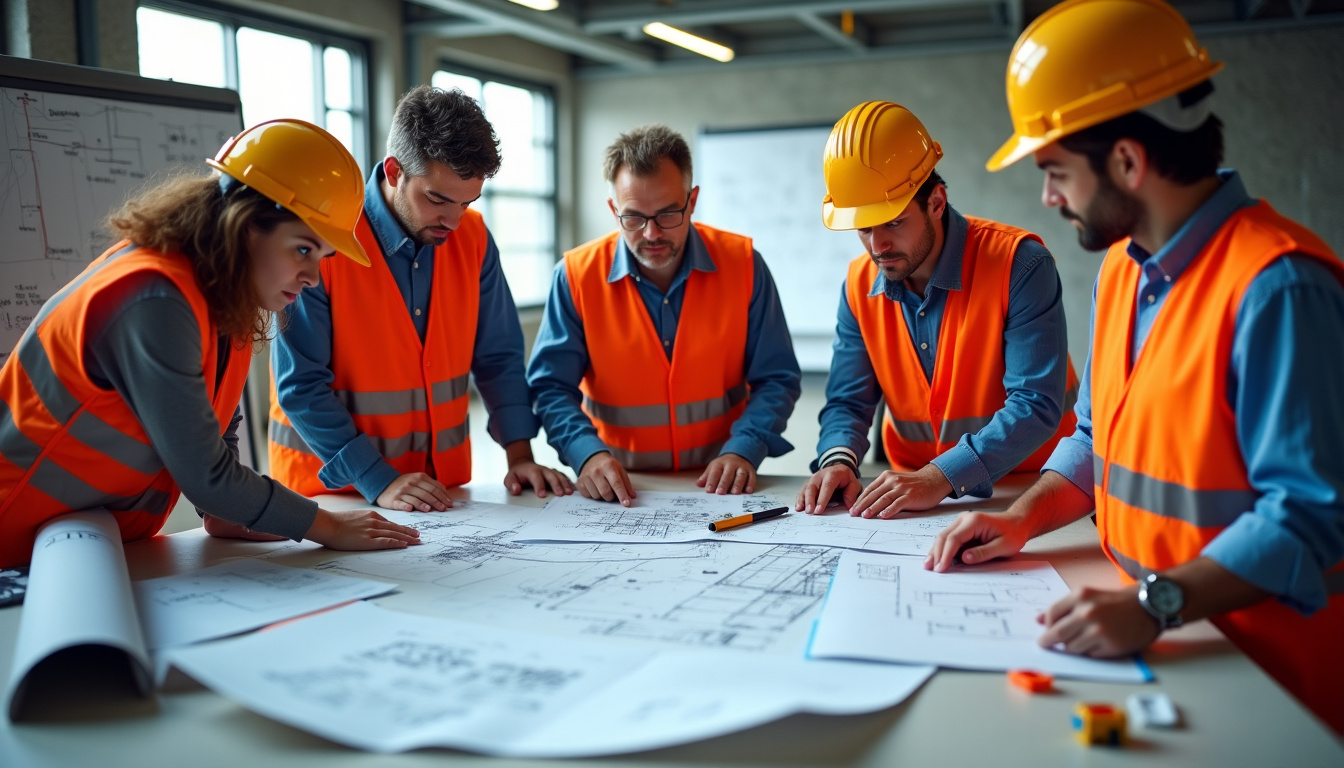 Réunion de chantier avec équipe technique en train d’examiner des plans et documents techniques
