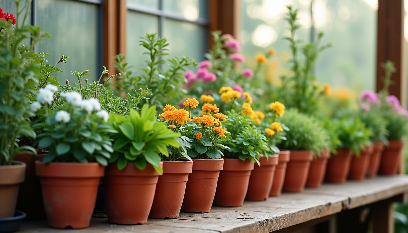 Sélection de plantes en pot sur un établi de jardinerie, variétés diverses pour balcon et jardin