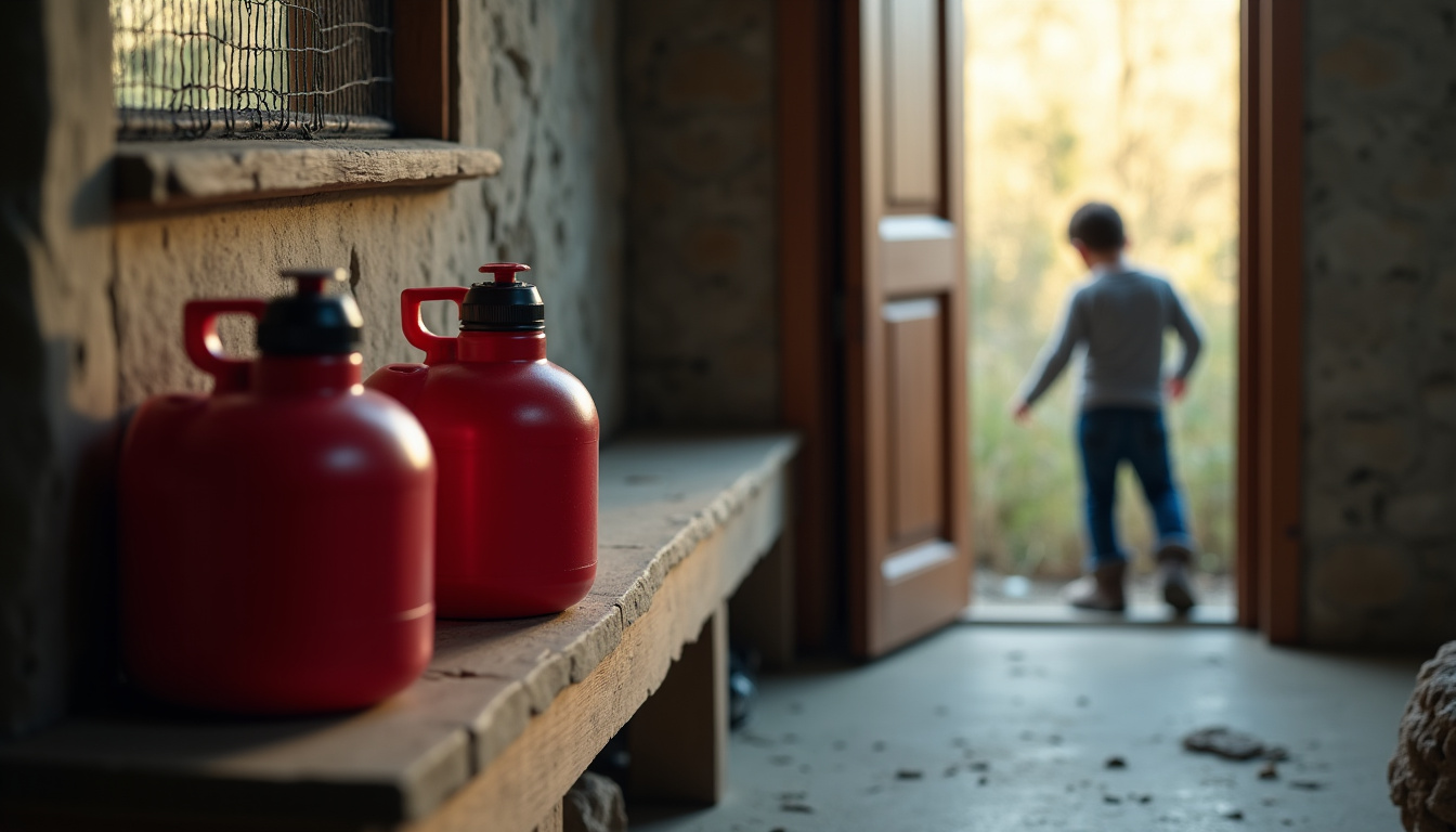 Stockage sécurisé de bidons de pétrole pour poêle dans un local bien ventilé, hors de portée des enfants