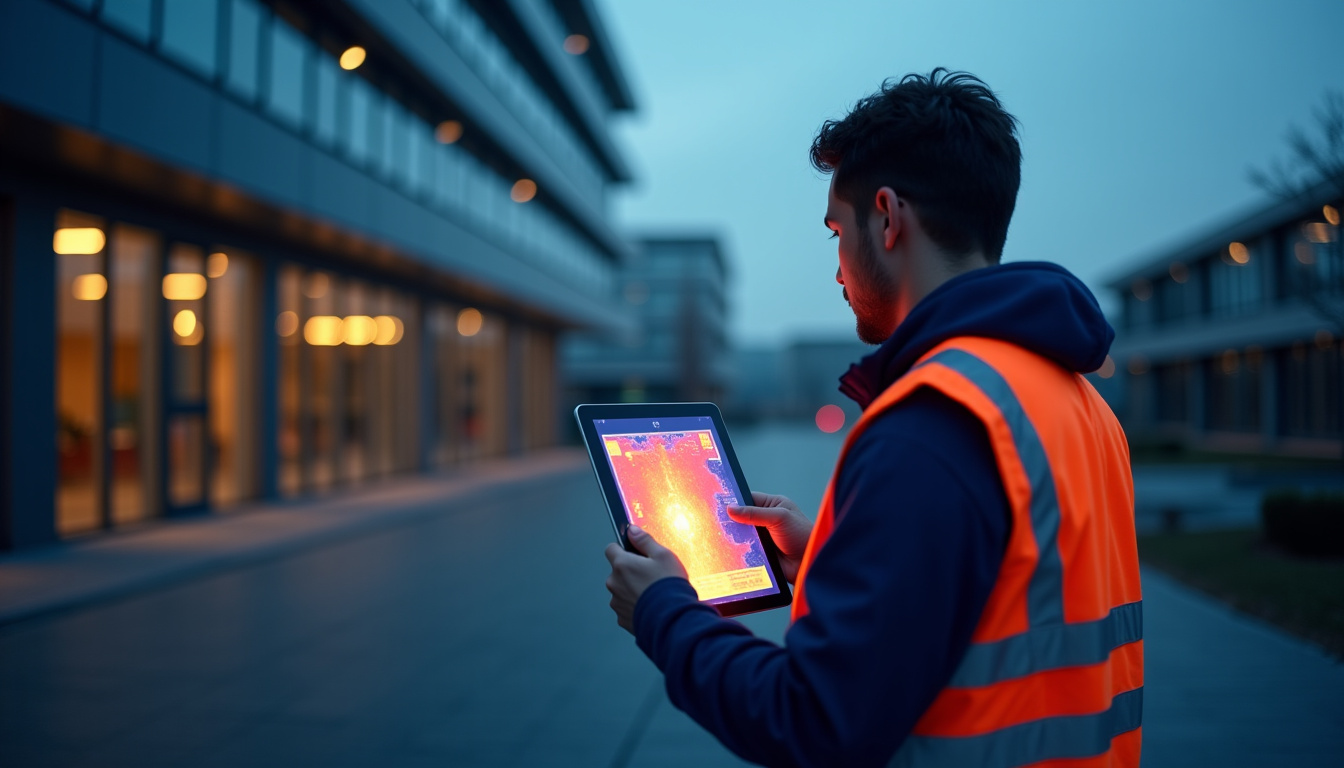 Technicien utilisant une tablette pour consulter une carte thermique géoréférencée sur le terrain