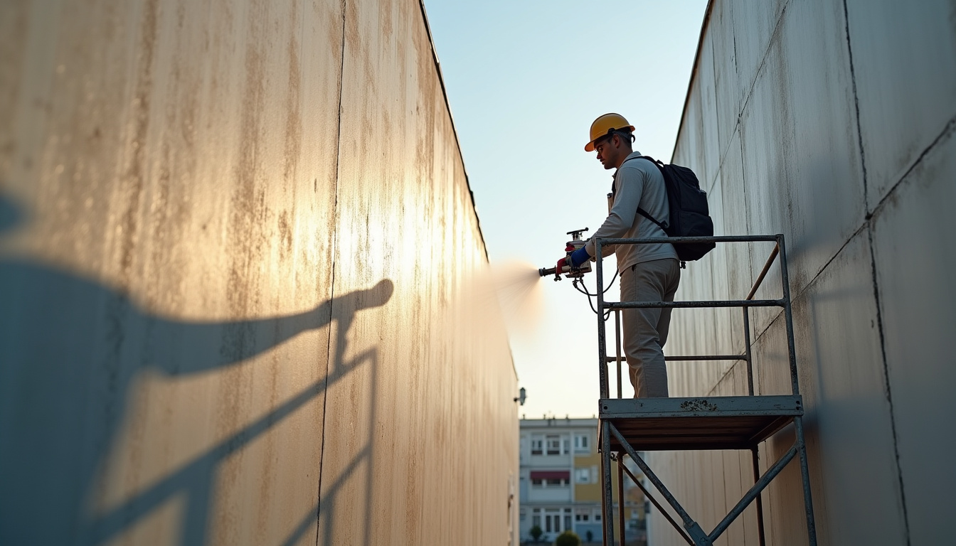 Application de J-Net Gros Travaux avec un pulvérisateur sur une façade