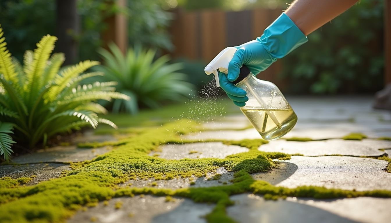 Application de J-Net Gros Travaux sur une terrasse extérieure couverte de mousse