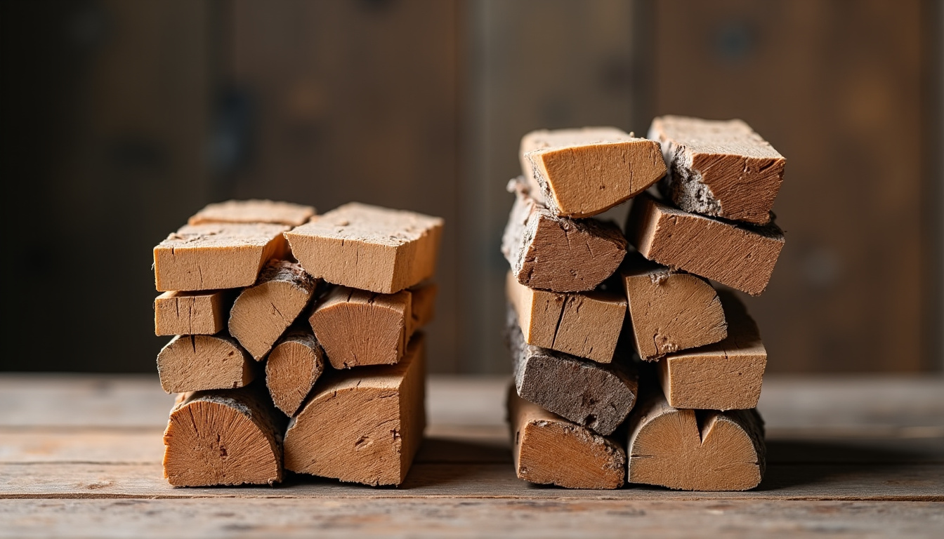 Comparaison de deux tas de bois de chauffage: un bien rangé et un autre mal empilé pour montrer la différence de volume réel