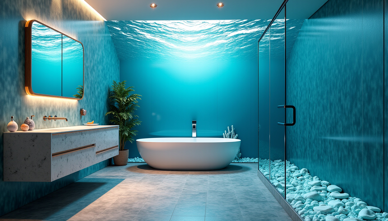Décoration de salle de bain avec thème sous-marin et lumière bleue