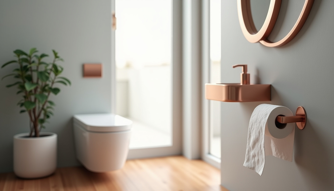Vue d’ensemble de toilettes modernes avec porte-savon en cuivre, distributeur de papier design et miroir rond