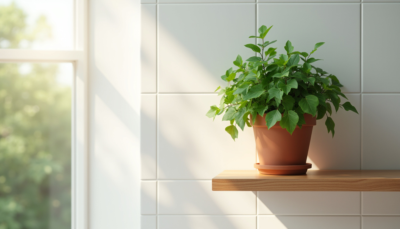 Lierre grimpant dans un pot en terre cuite posé sur une étagère murale dans des toilettes