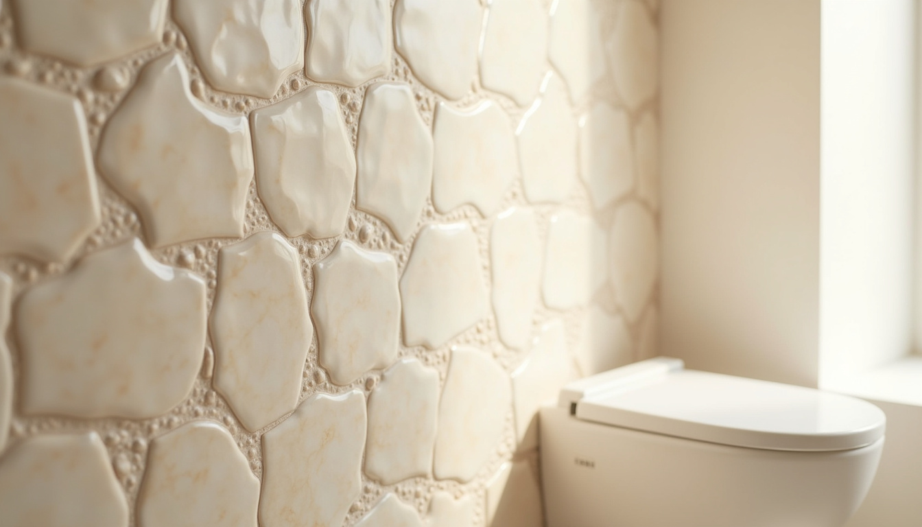 Détail d’un mur de toilettes avec carrelage zellige beige et blanc en pose irrégulière