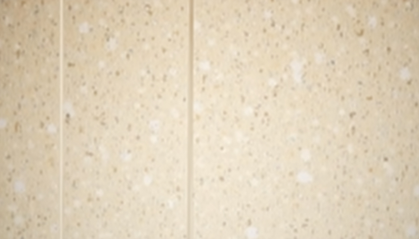 Détail d’un mur de toilettes avec carrelage zellige beige et blanc en pose irrégulière