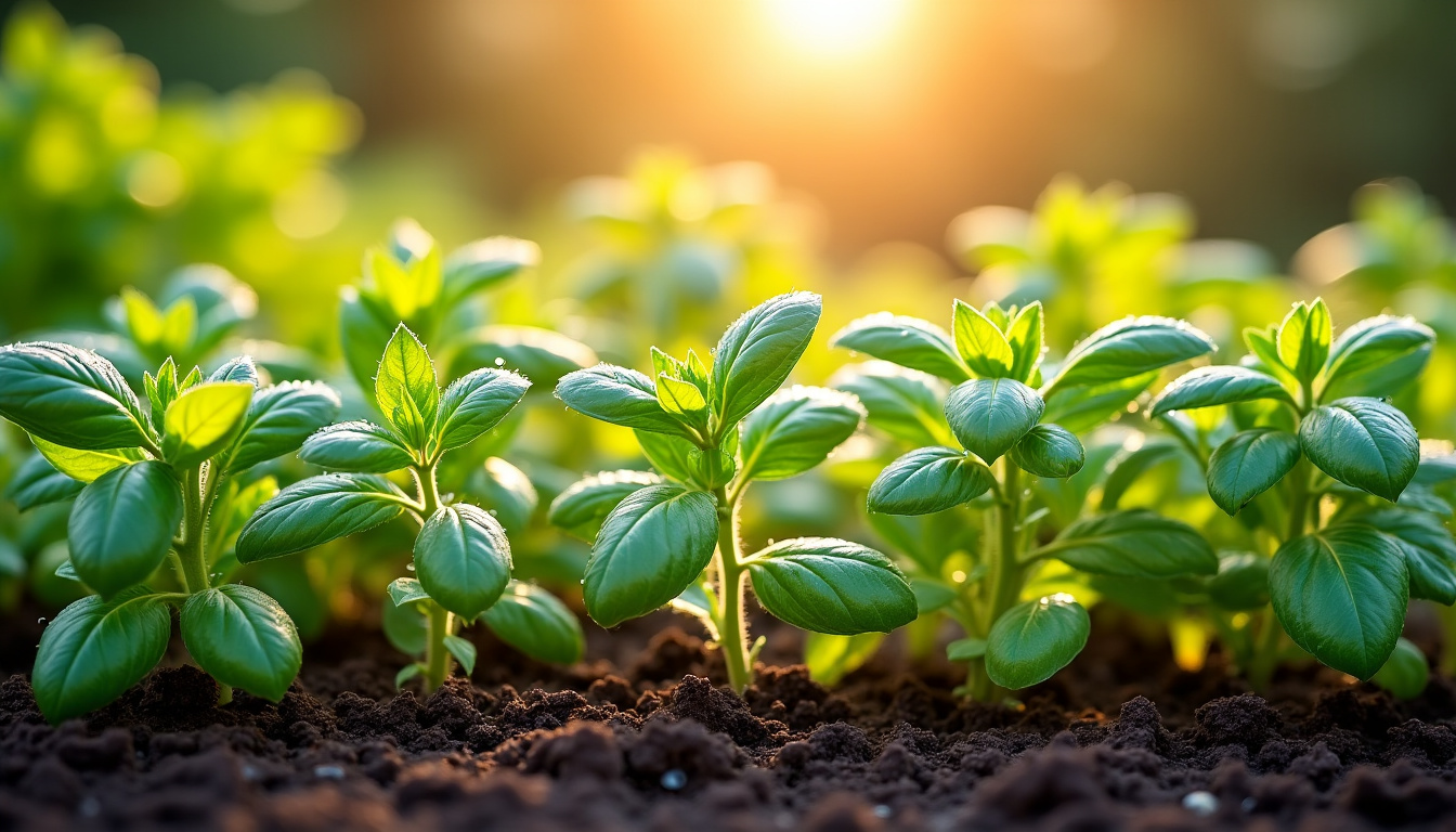 Différentes variétés de basilic cultivées côte à côte en pleine terre