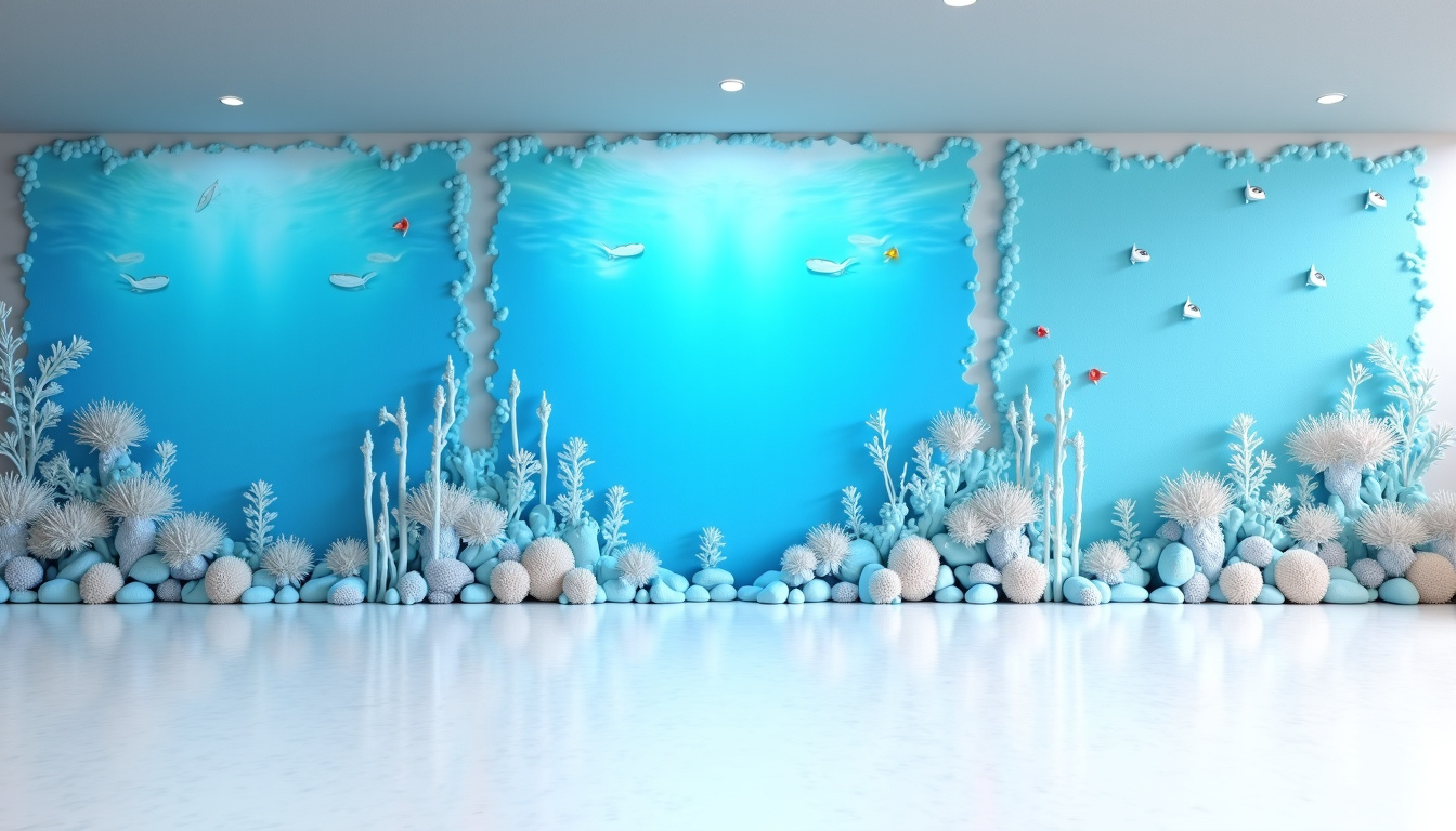 Différents types de décorations de fond sous-marin: papier peint, peinture murale, objets 3D