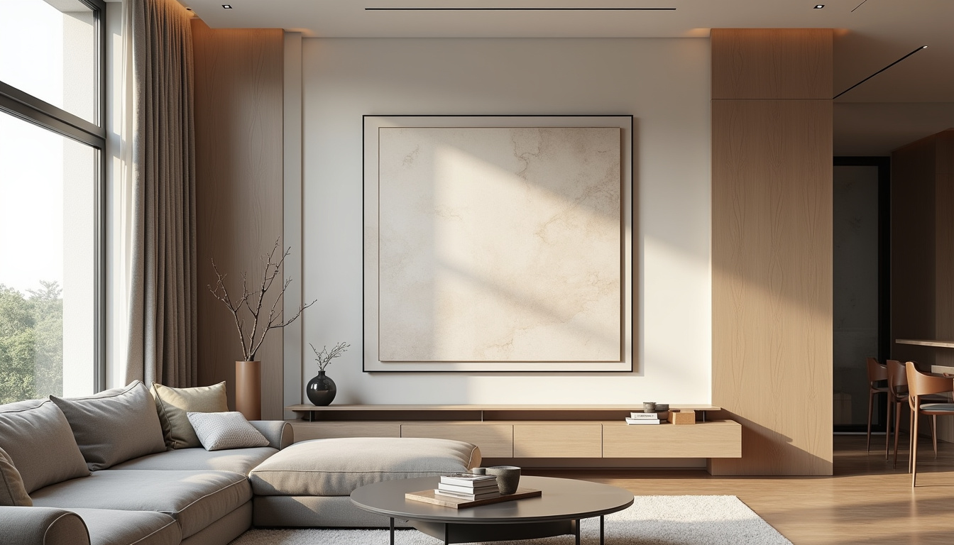 Installation d’un panneau Infranomic dans un salon moderne, intégré comme tableau décoratif