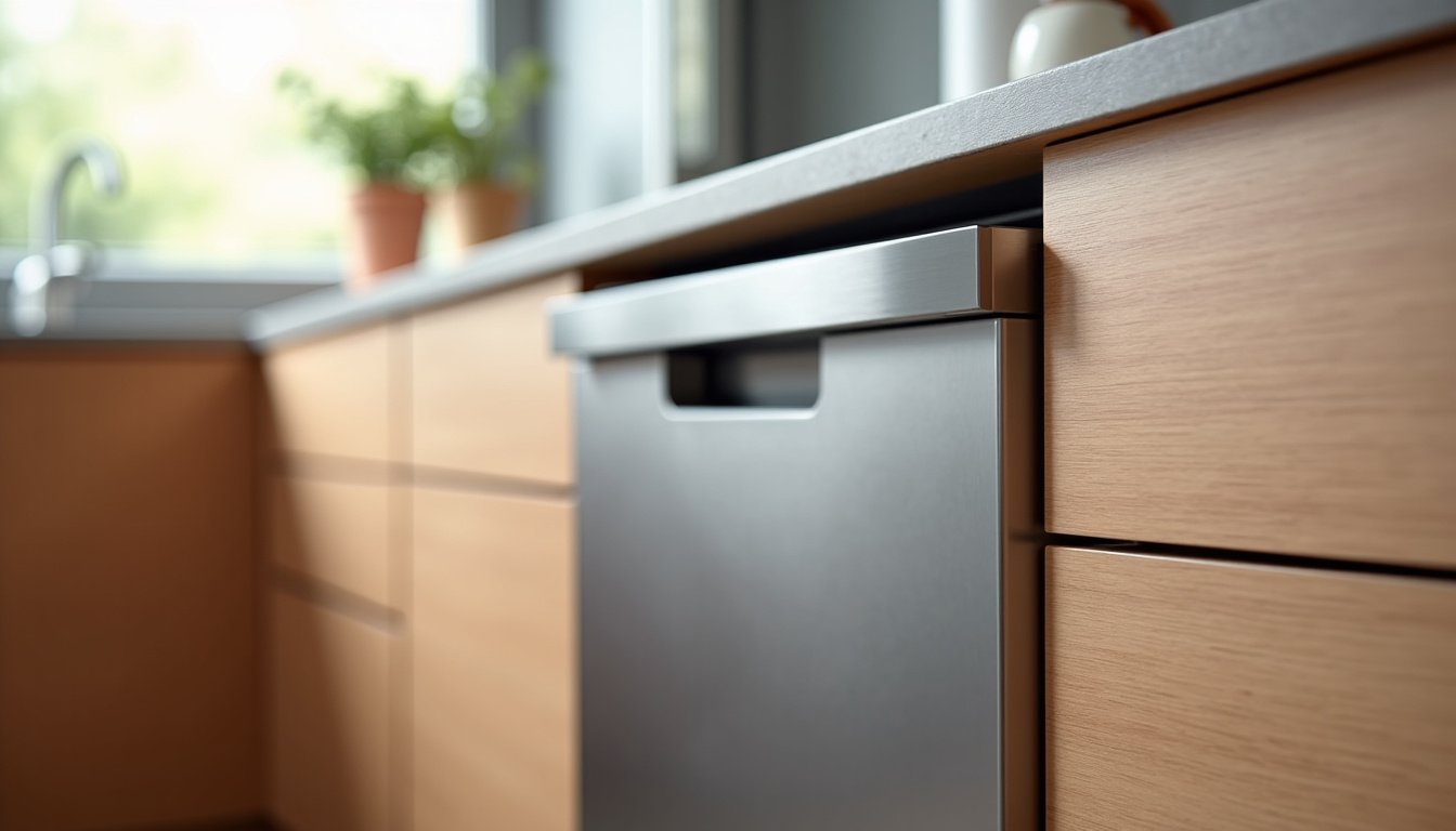 Lave-vaisselle semi-intégrable avec bandeau de commande visible et porte de meuble fixée