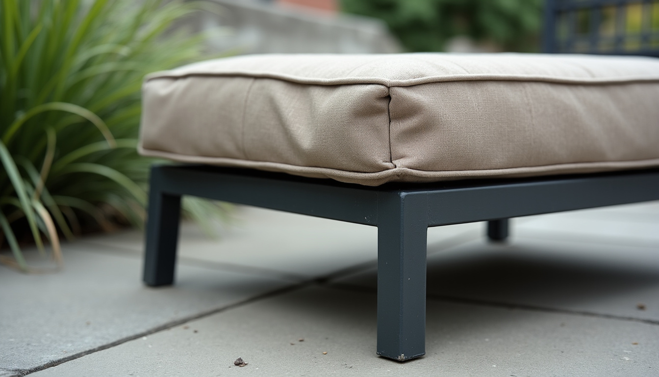 Photographie montrant des défauts courants sur un salon de jardin bas de gamme: soudures fragiles, tissu de coussin déchiré, pieds instables