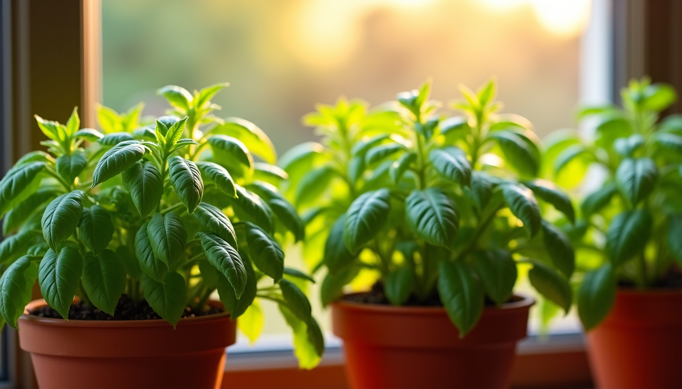 Plante de basilic avec des feuilles ovales vertes en pleine croissance