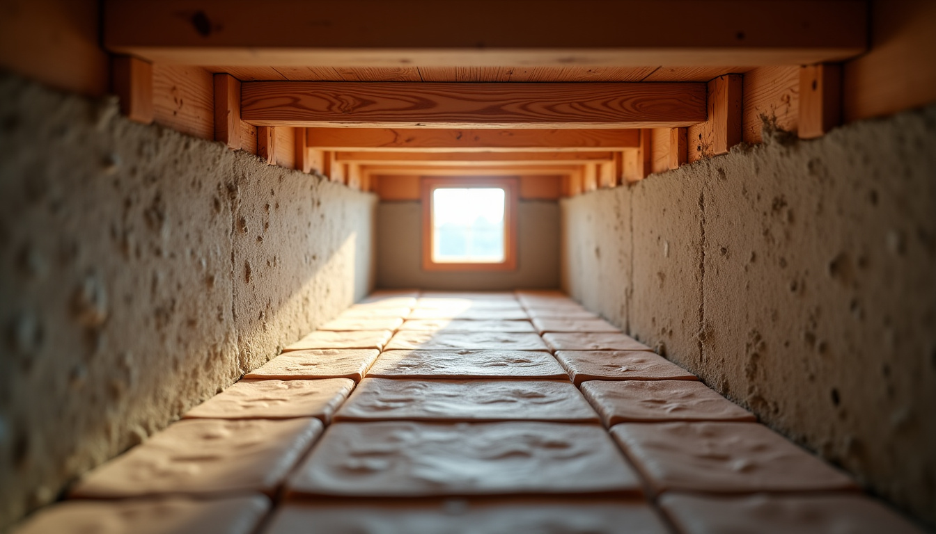 Pose d’isolant rigide sous les poutres d’un plancher bas, vue depuis un vide-sanitaire
