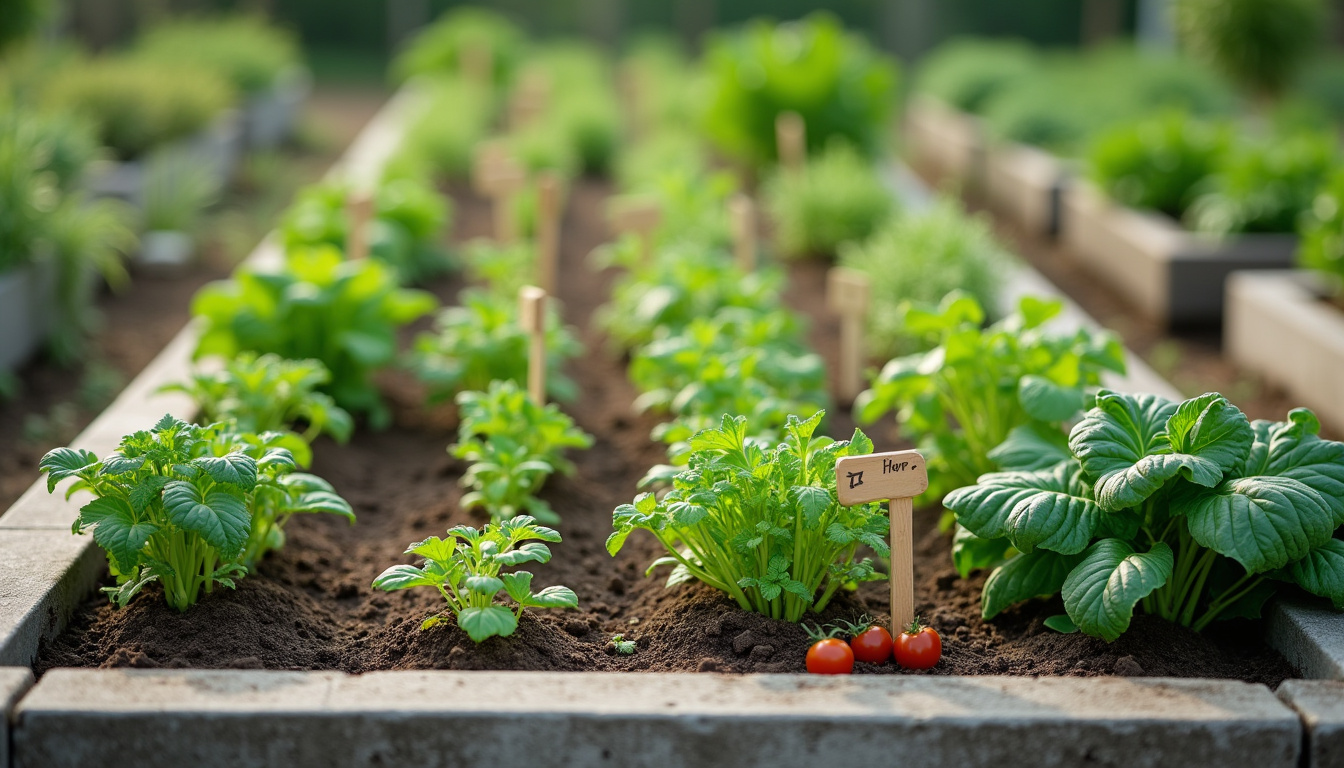Potager surélevé en béton avec des légumes bien alignés et des étiquettes en bois gravées