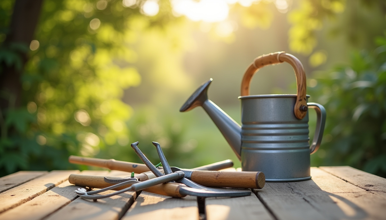 Présentation d’outils de jardinage en bois et métal sur une table en plein air