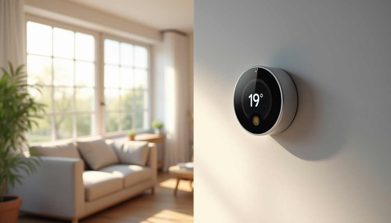 Thermostat connecté affichant une température de 19 degrés dans un salon