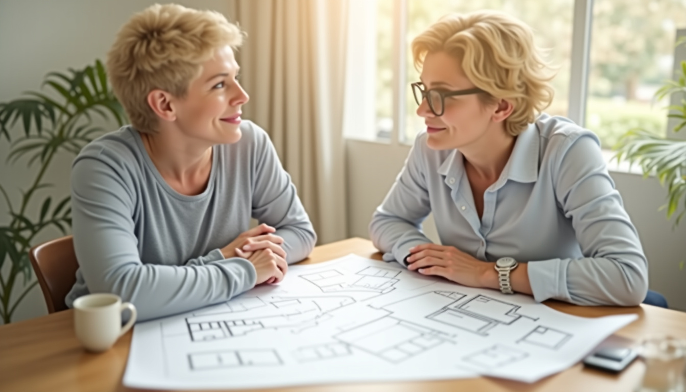 Un conseiller travaux illico en réunion avec un particulier, étudiant un plan de rénovation maison