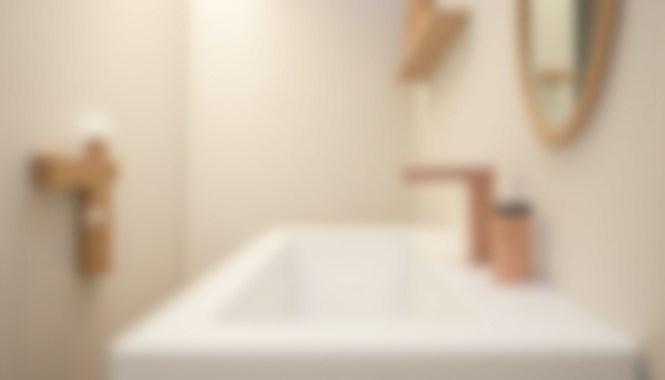 Vue d’ensemble de toilettes modernes avec porte-savon en cuivre, distributeur de papier design et miroir rond