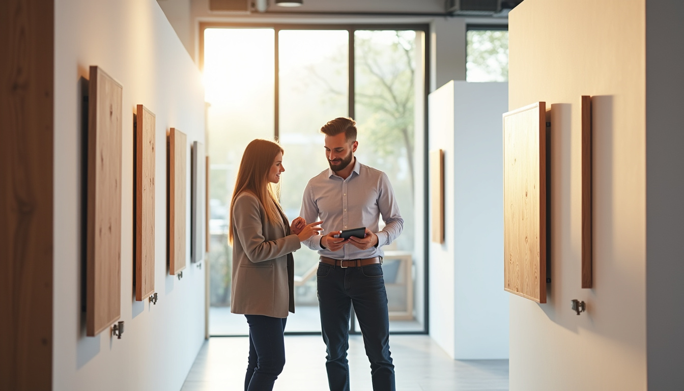 Vue d’un showroom belge avec différents modèles de panneaux infrarouges exposés et un conseiller en discussion avec un client