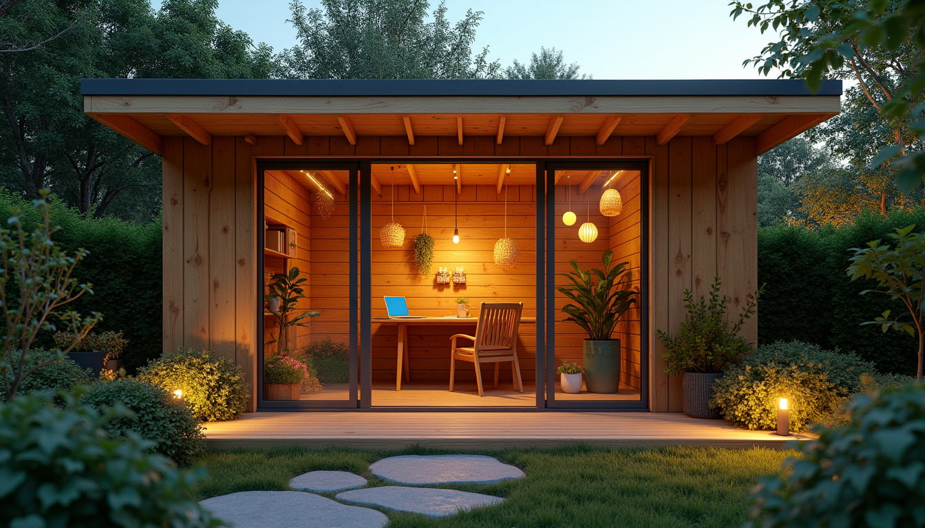 Abri de jardin en bois de 20 m² aménagé en bureau extérieur avec éclairage LED et plantes en suspension