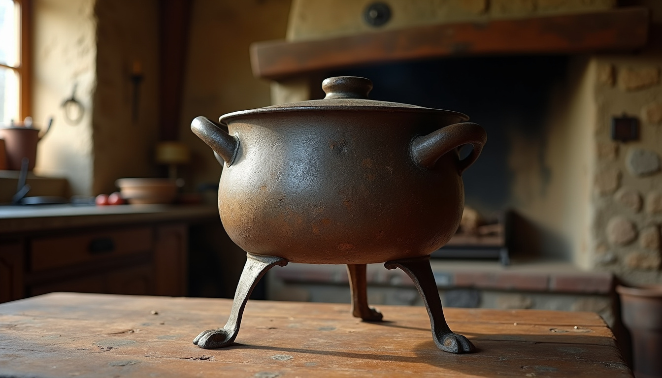 Ancienne cocotte en fonte sur trépied en fer forgé, type pot du Hainaut utilisé au XIXe siècle