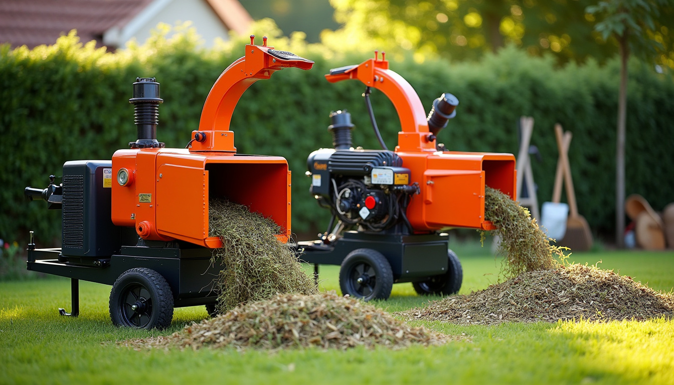 Broyeur de végétaux électrique et thermique en utilisation dans un jardin