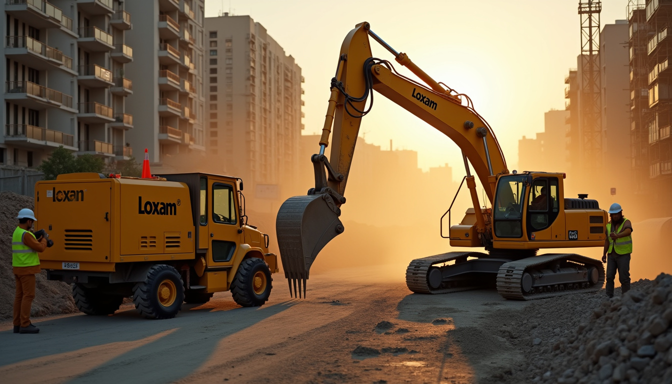 Chantier de construction avec matériel Loxam en action