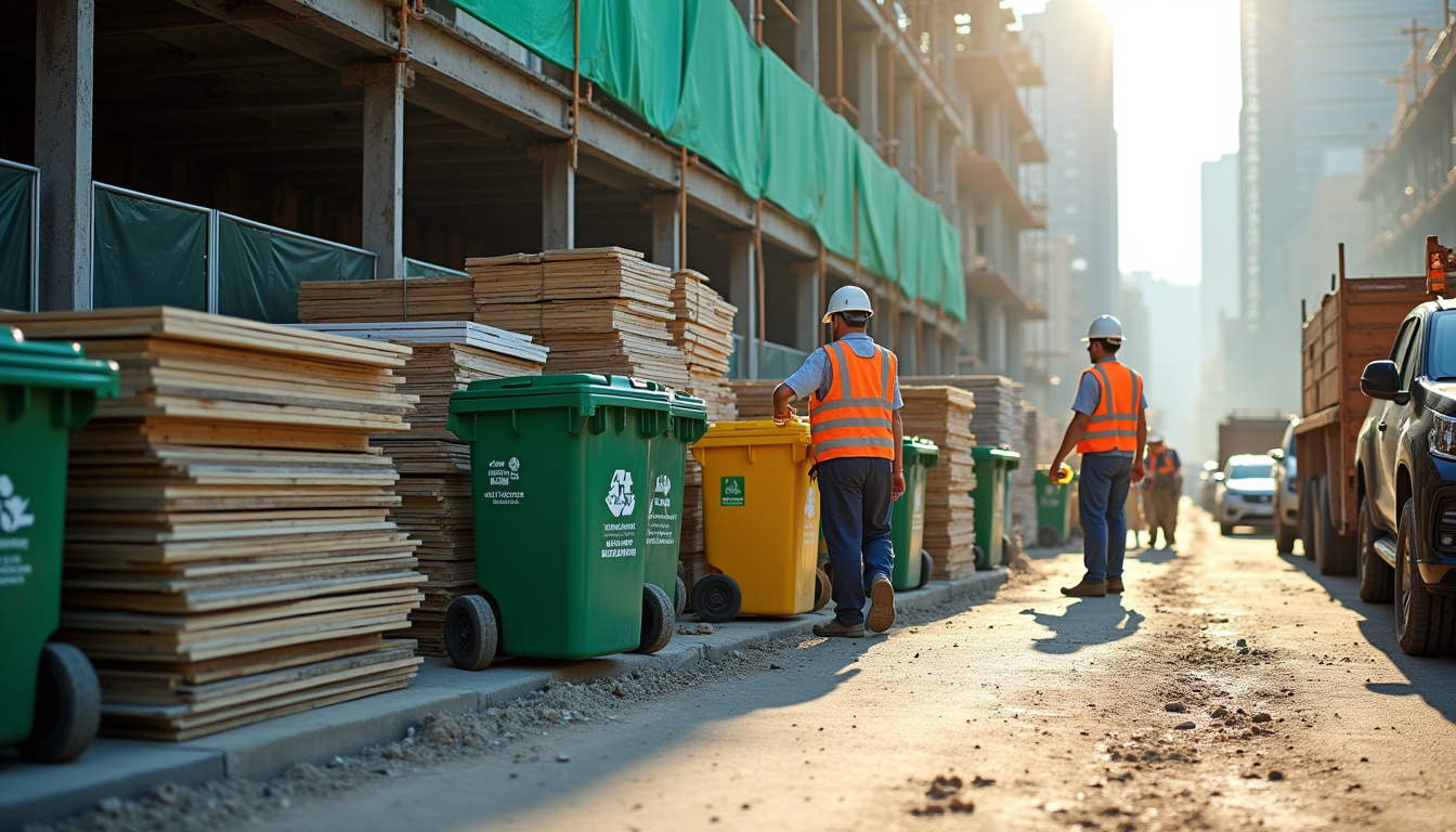 Chantier de construction respectueux de l’environnement avec tri des déchets et matériaux durables